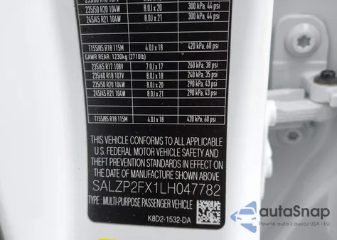 2020 Land Rover Range Rover Evoque Se z USA, uszkodzony, nr VIN SALZP2FX1LH047782